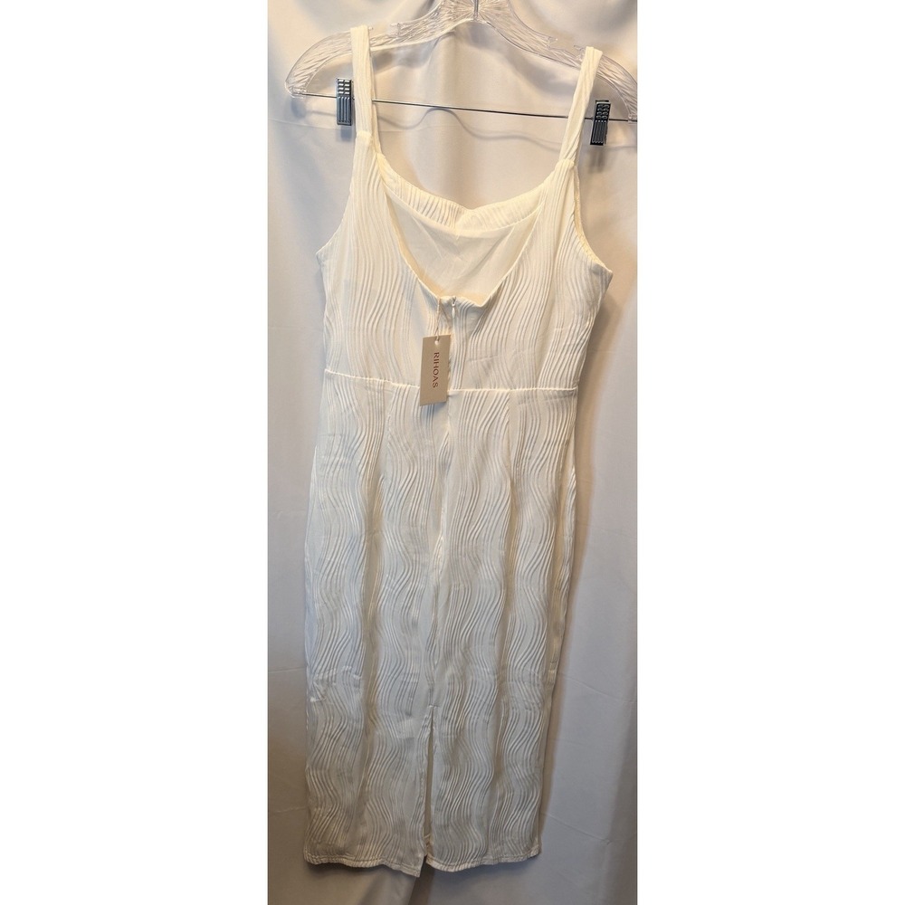 NEW RIHOAS Size Medium Water Ripple Textured White Backless Midi Dress Stretch - Picture 5 of 11